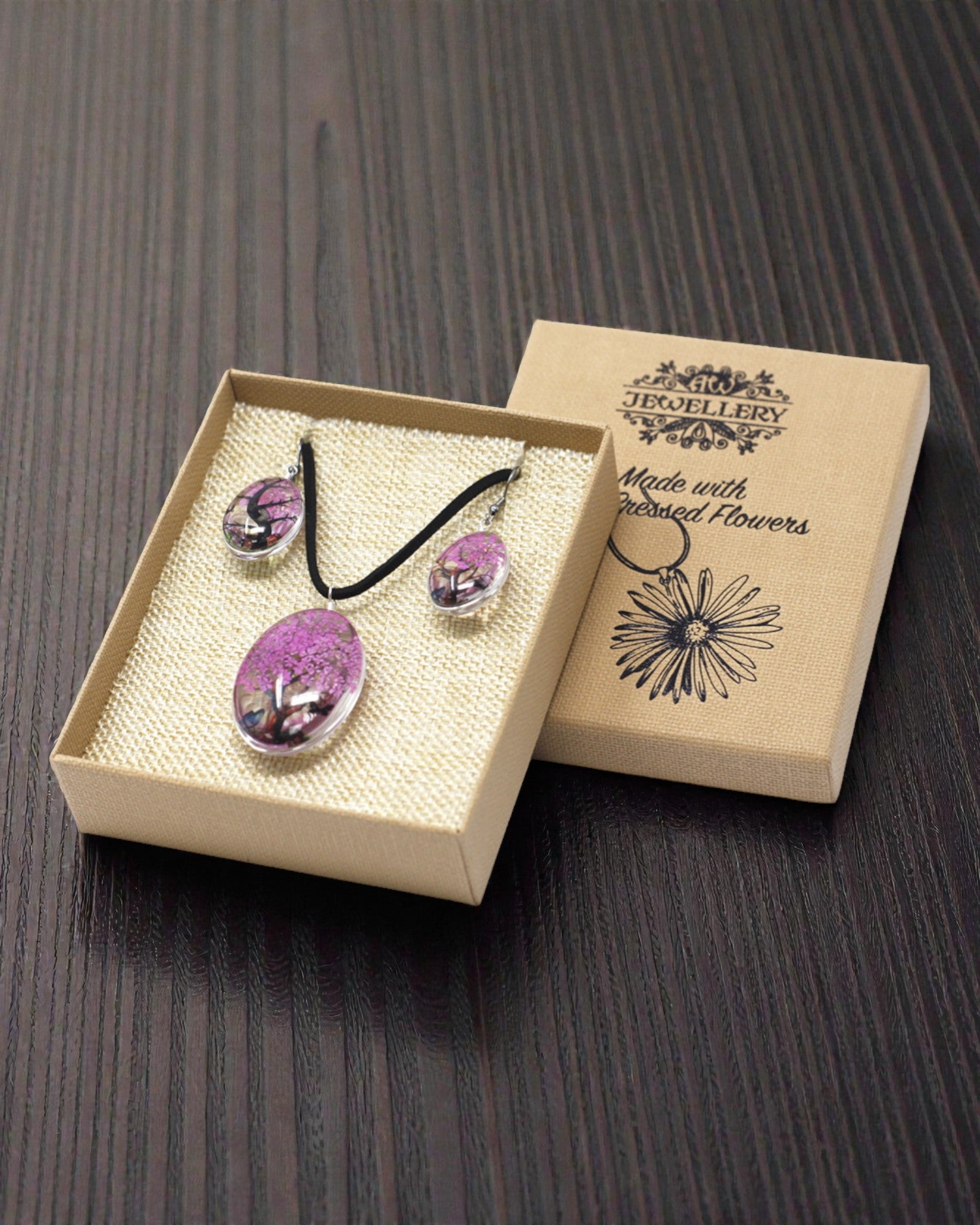 Rose Glow – Light Pink Jewelry Set with Dried Flowers, Tree of Life