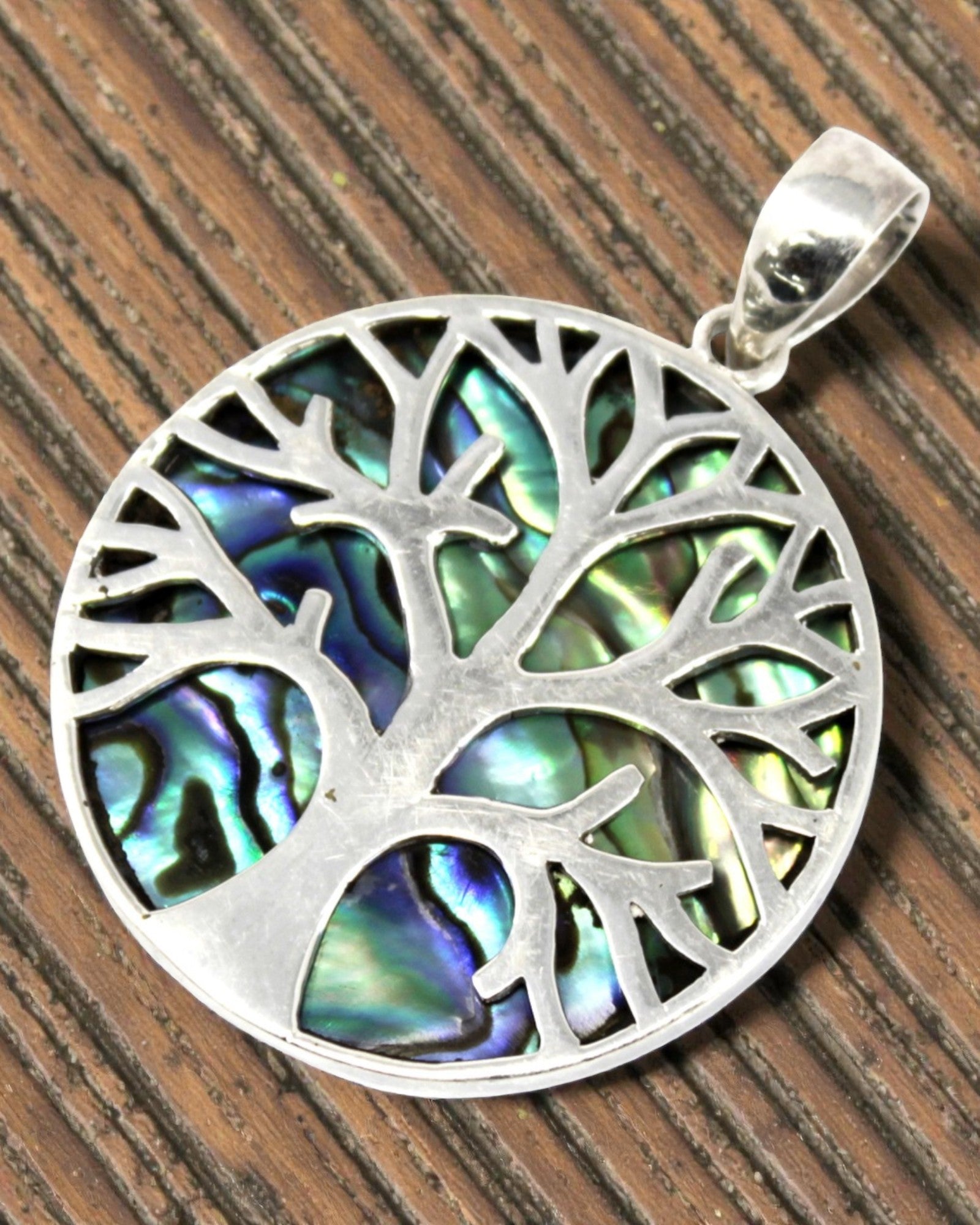 Silver Tree of Life Pendant 30 mm – Abalone Ocean Glow