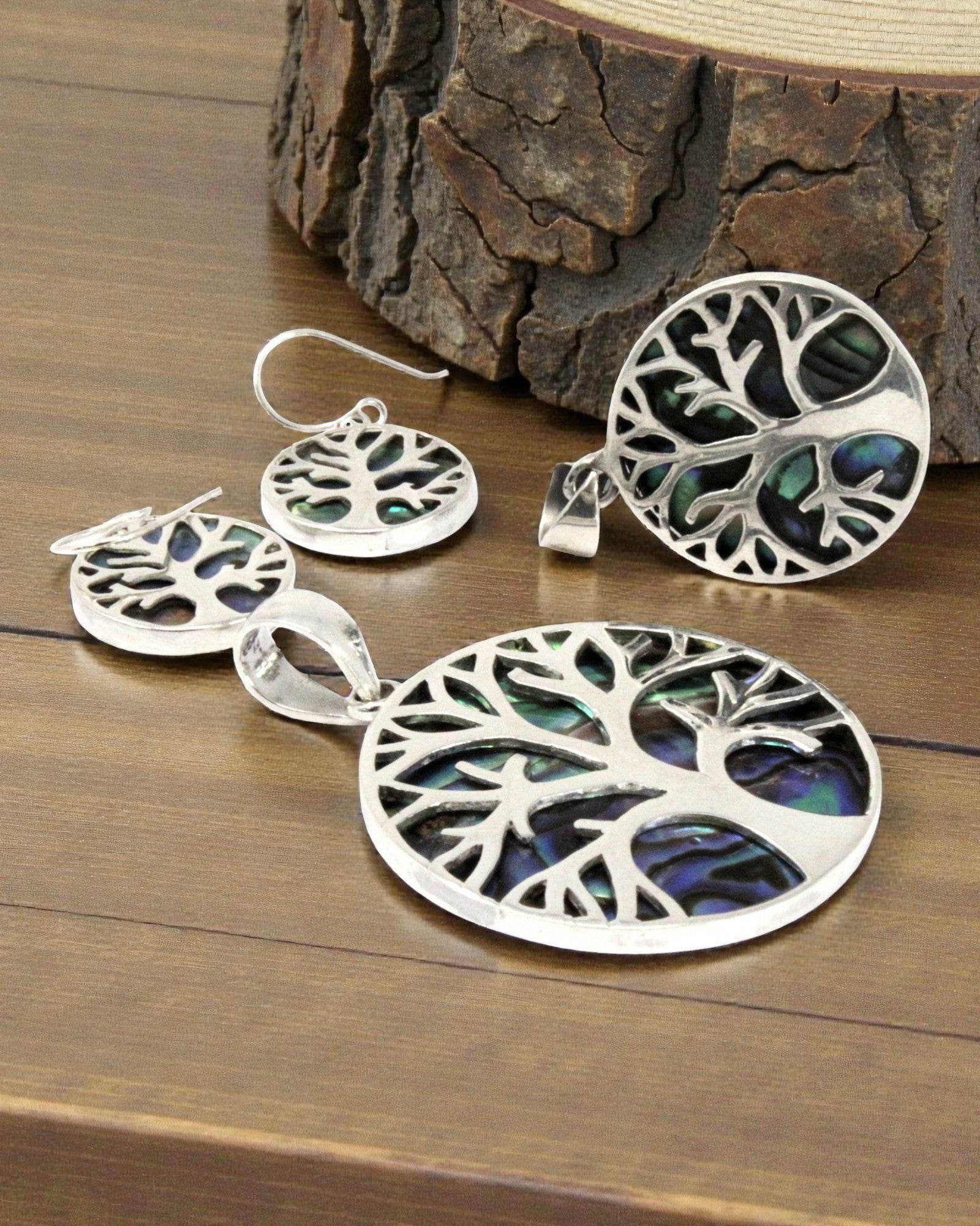 Silver Tree of Life Pendant 30 mm – Abalone Ocean Glow