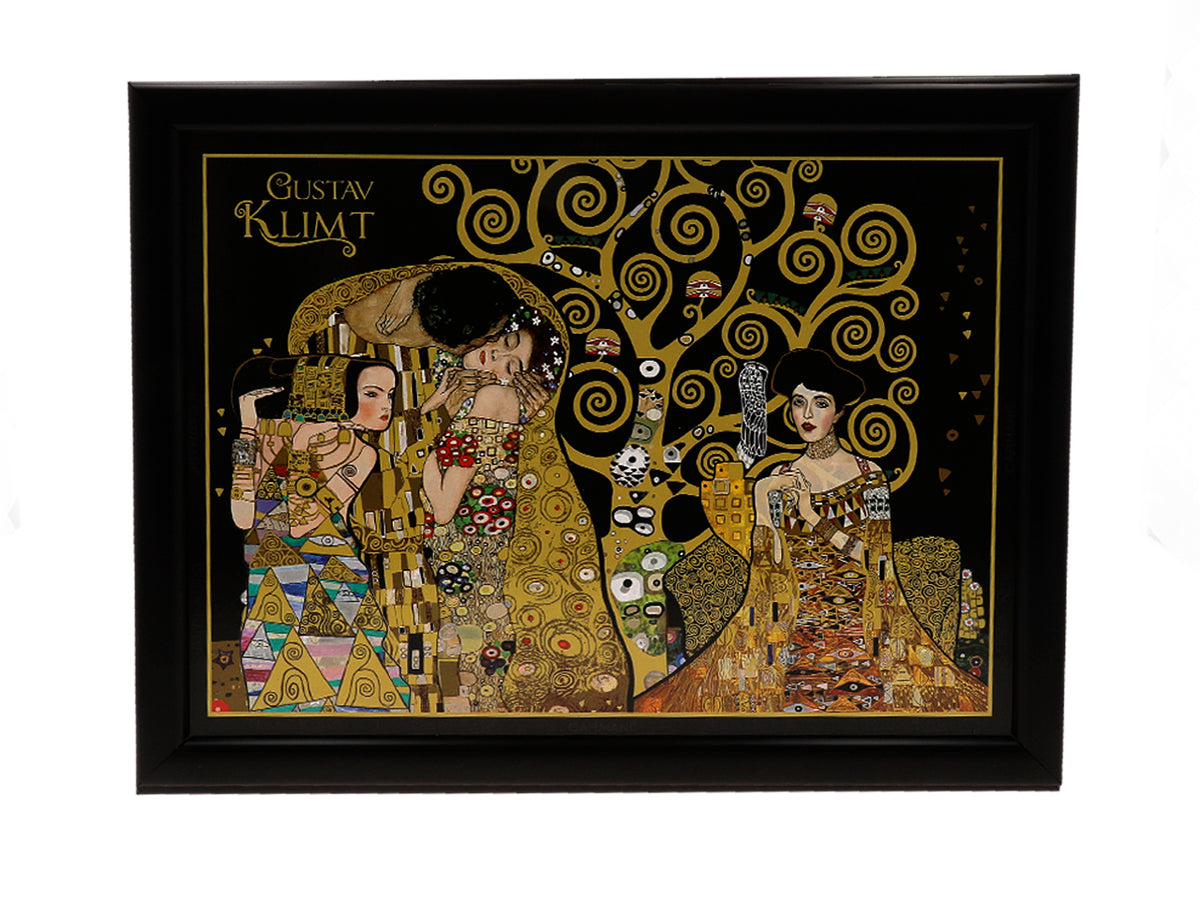 Laptop stand featuring G. Klimt, The Kiss (CARMANI), customizable with engraving, ideal as a gift, dimensions 30.5x40.5cm, stylish and comfortable for working on your lap