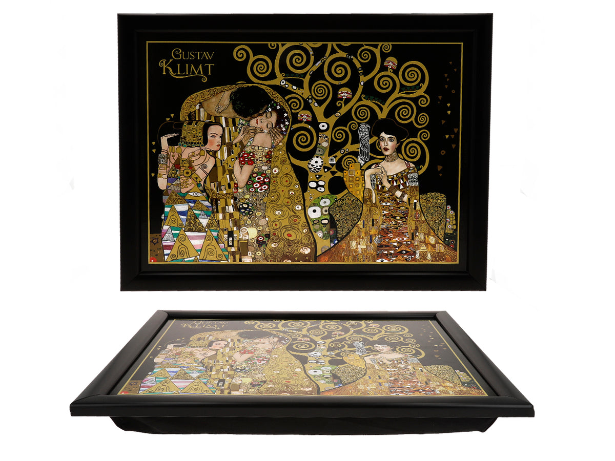 Laptop stand featuring G. Klimt, The Kiss (CARMANI), customizable with engraving, ideal as a gift, dimensions 30.5x40.5cm, stylish and comfortable for working on your lap