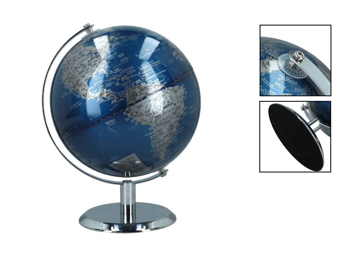 Small Decorative Globe in Blue and Silver, Customizable with Engraving, Ideal as a Gift, 20 cm Tall, an Elegant Living Room Decoration with Geographical Names in English and Chinese