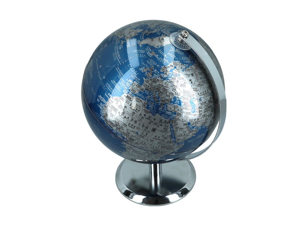 Small Decorative Globe in Blue and Silver, Customizable with Engraving, Ideal as a Gift, 20 cm Tall, an Elegant Living Room Decoration with Geographical Names in English and Chinese