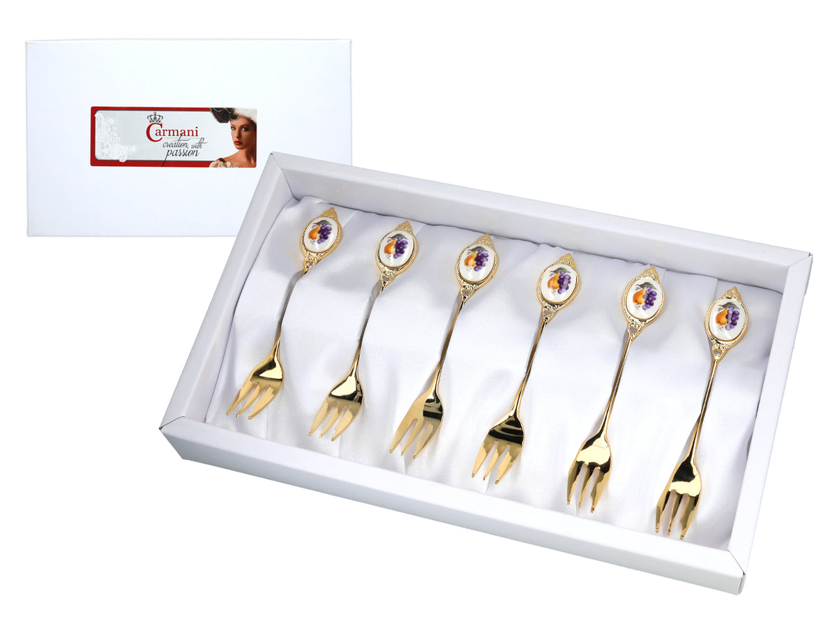 Set of 6 forks, 24K gold-plated forks, fruit motif