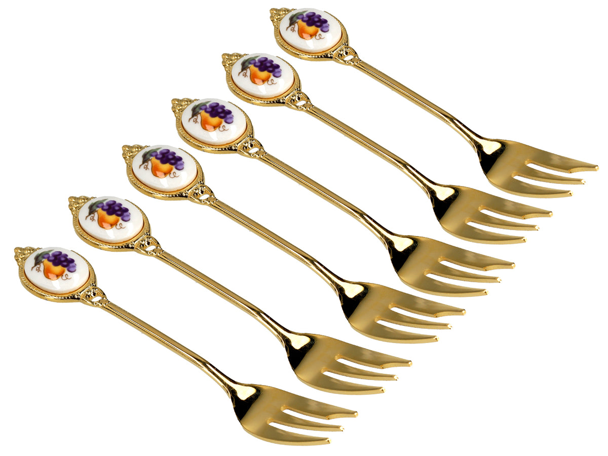 Set of 6 forks, 24K gold-plated forks, fruit motif