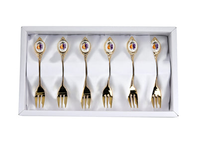 Set of 6 forks, 24K gold-plated forks, fruit motif