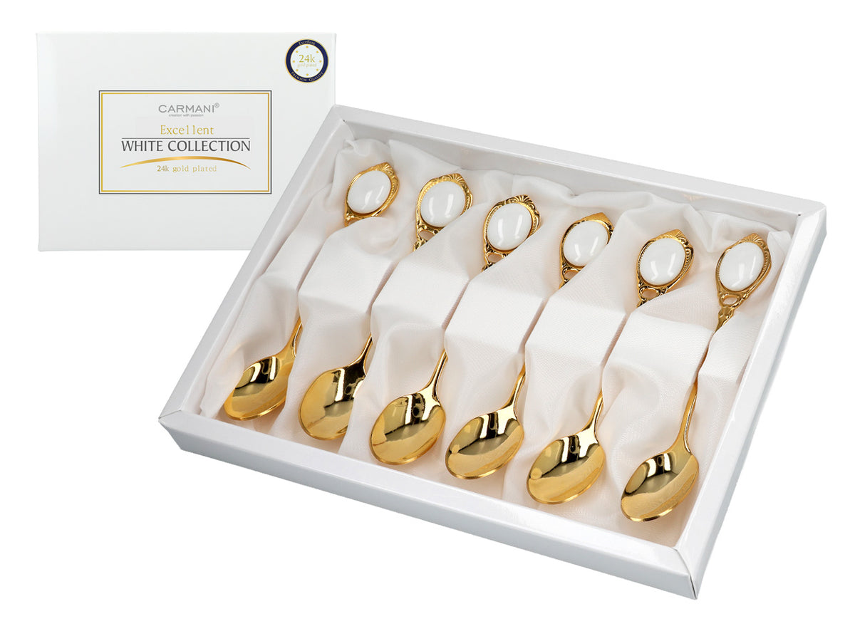 Set of 6 24K gold-plated teaspoons, CARMANI White Eyes, customizable with engraving - an elegant gift for every occasion, dimensions 13 cm