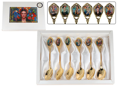 Set of 6 24K Gold-Plated F. Kahlo Spoons, Customizable with Engraving - Elegant Gift Cutlery, 13 cm, CARMANI