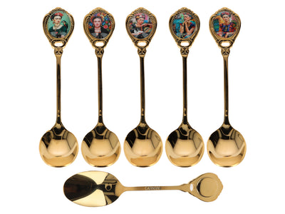 Set of 6 24K Gold-Plated F. Kahlo Spoons, Customizable with Engraving - Elegant Gift Cutlery, 13 cm, CARMANI