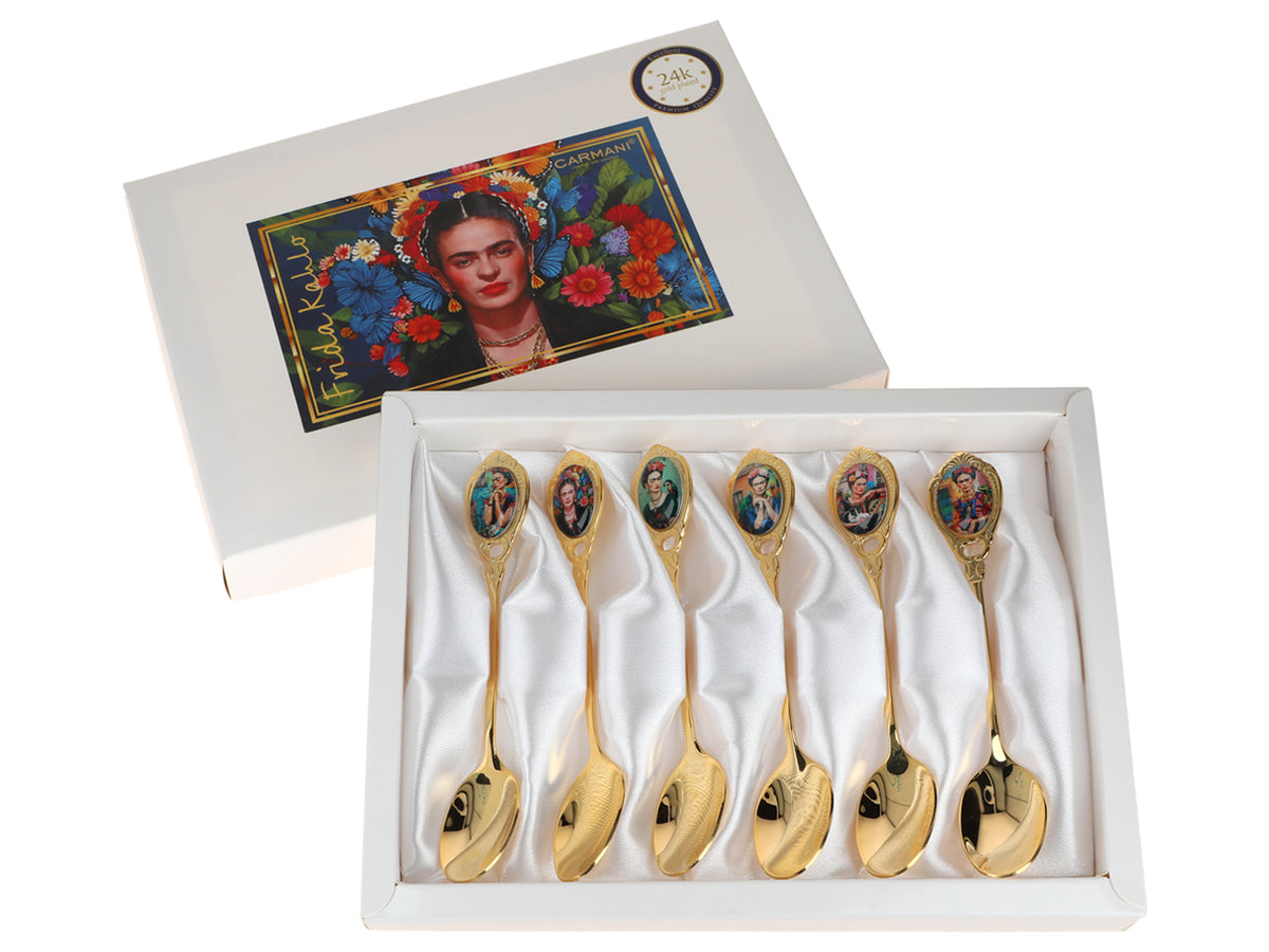 Set of 6 24K Gold-Plated F. Kahlo Spoons, Customizable with Engraving - Elegant Gift Cutlery, 13 cm, CARMANI
