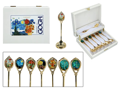 Set of 6 24K Gold-Plated Spoons with 1 Sugar Spoon - V. van Gogh, Assorted, Customizable with Engraving, Elegant Gift Packaging, 13 cm