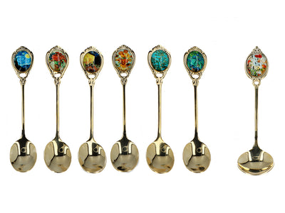 Set of 6 24K Gold-Plated Spoons with 1 Sugar Spoon - V. van Gogh, Assorted, Customizable with Engraving, Elegant Gift Packaging, 13 cm