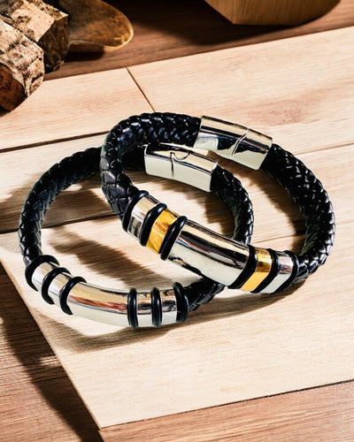 Fashionable Hip Hop Bracelet for Men with Custom Engraving and Magnetic Clasp – Choose Style with Silver or Gold Accents, 22cm PU Leather