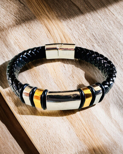 Fashionable Hip Hop Bracelet for Men with Custom Engraving and Magnetic Clasp – Choose Style with Silver or Gold Accents, 22cm PU Leather