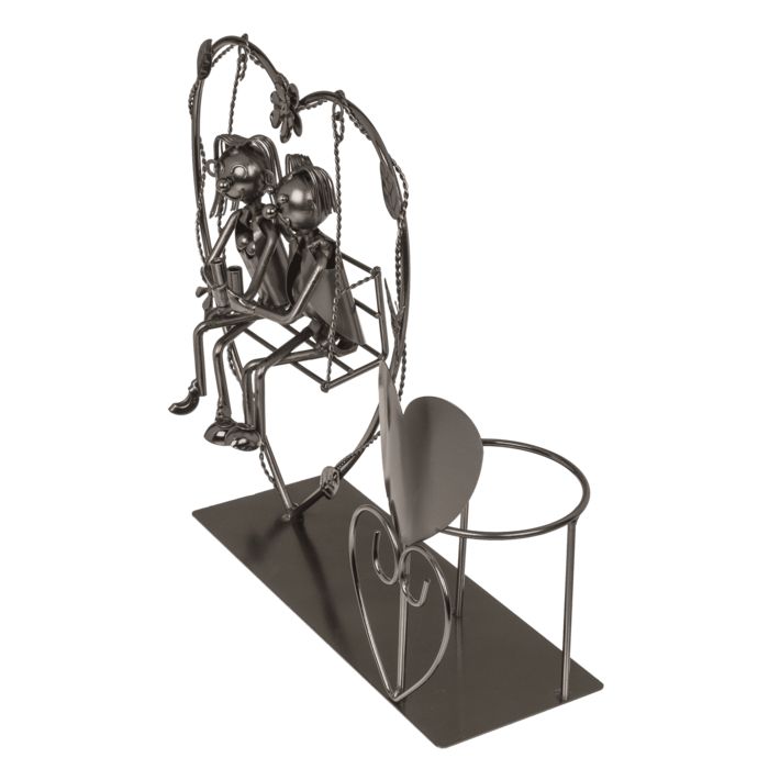 Metal Bottle Holder - Couple in Love on a Swing in a Heart, customizable with engraving