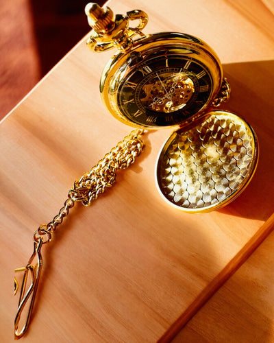 Grand Elegance Pocket Watch with Double Cover, Manual, Gold Color, with Engraving for Gift