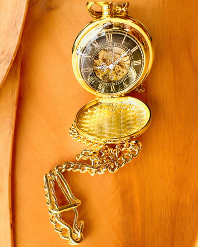 Grand Elegance Pocket Watch with Double Cover, Manual, Gold Color, with Engraving for Gift