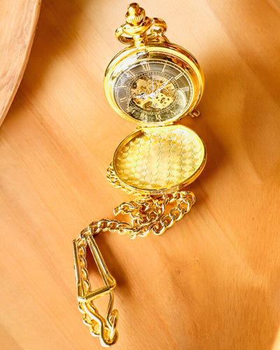 Grand Elegance Pocket Watch with Double Cover, Manual, Gold Color, with Engraving for Gift