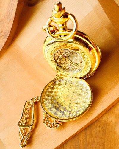 Grand Elegance Pocket Watch with Double Cover, Manual, Gold Color, with Engraving for Gift