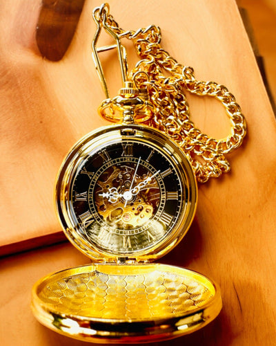 Grand Elegance Pocket Watch with Double Cover, Manual, Gold Color, with Engraving for Gift