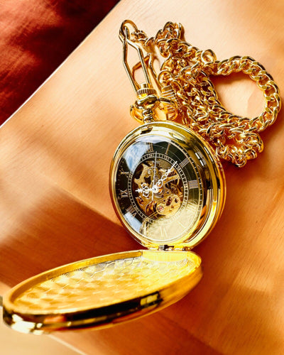 Grand Elegance Pocket Watch with Double Cover, Manual, Gold Color, with Engraving for Gift