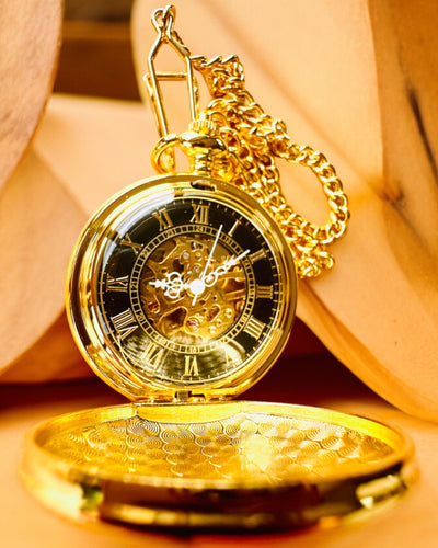 Grand Elegance Pocket Watch with Double Cover, Manual, Gold Color, with Engraving for Gift
