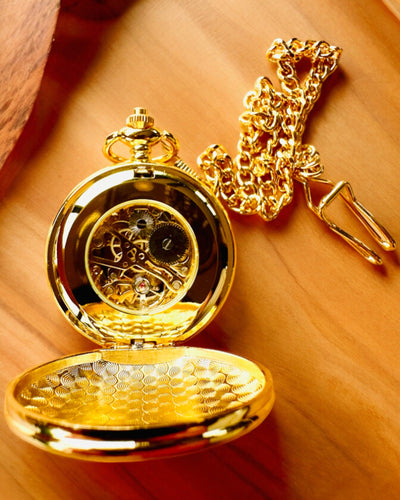 Grand Elegance Pocket Watch with Double Cover, Manual, Gold Color, with Engraving for Gift