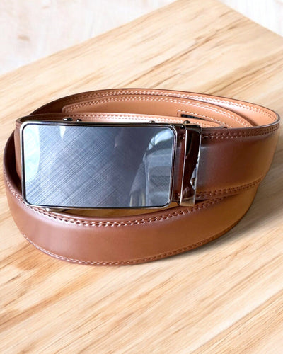 Men's Brown Belt with Automatic Buckle, personalization with engraving available for gift