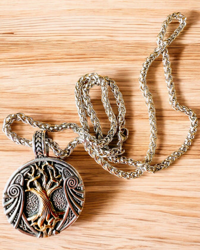Stainless Steel "Tree of Life" Necklace with Personalization, featuring the Aegishjalmur Symbol (Helm of Awe)