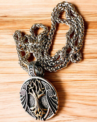Stainless Steel "Tree of Life" Necklace with Personalization, featuring the Aegishjalmur Symbol (Helm of Awe)