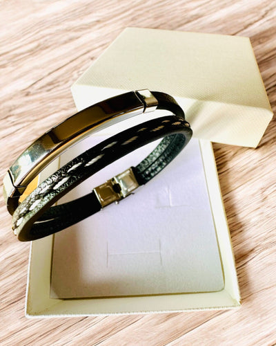 PU Leather and Stainless Steel Sports Bracelet with Engraving Option – 3 Colors