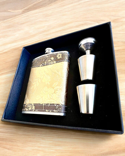Elegant "Golden Rose" flask with a set of glasses, personalized engraving for a gift