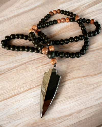 Arrow of Power, Necklace with Black Obsidian and Wooden Beads, personalization with engraving for a gift