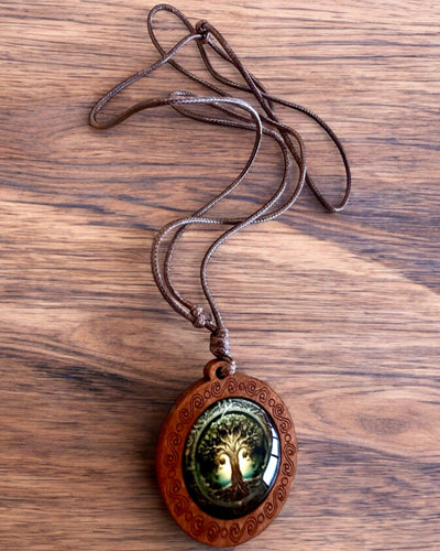 Amulet of Life "Tree of Ancestors" - Handcrafted Necklace with Wood and Glass, customizable with engraving for a gift