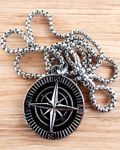 Stainless Steel Explorer's Compass Necklace, customizable with engraving for a gift