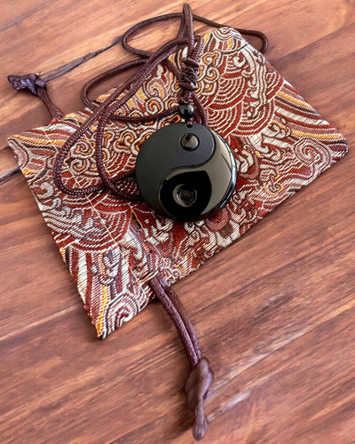 Boho Necklace with Obsidian Yin Yang Tai Chi, customizable with engraving for a gift