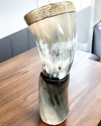 Horn Mug "Viking Valor" - Hand Engraved, Premium Quality - 4 Variants Available