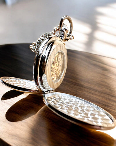 Classic Pocket Mechanical Watch with Double Cover, Manual, Silver Color