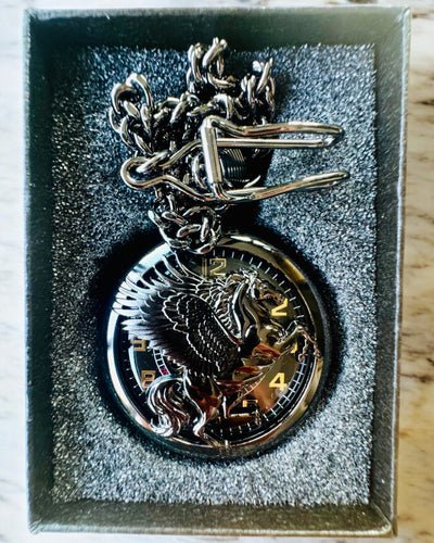 Pocket Watch "Equus Tempus" - Black with Horse Motif, customizable with engraving - black dial