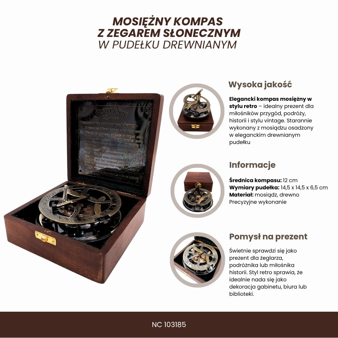 Brass Compass Sundial in a Wooden Box with Engraving Option