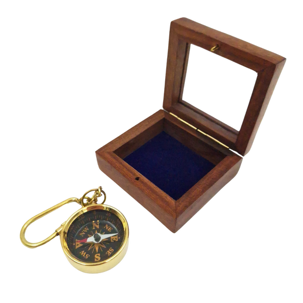 Stylish Vintage Brass Compass Keychain in a Wooden Box