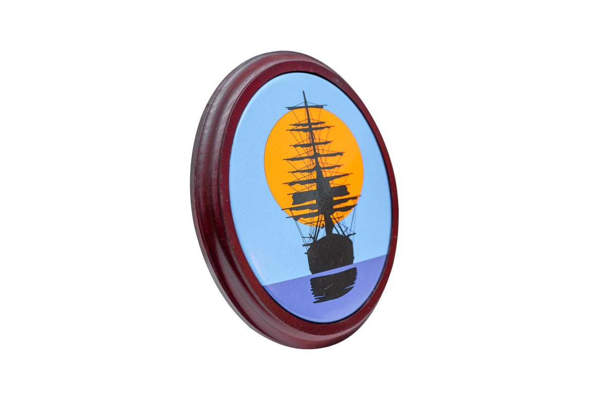 Sailing ship sunset picture - wooden frame - enamel sign - nautical decoration