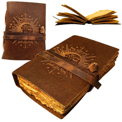 Vintage Leather Notebook 200 Pages - Sun and Moon - Buffalo Leather – H038