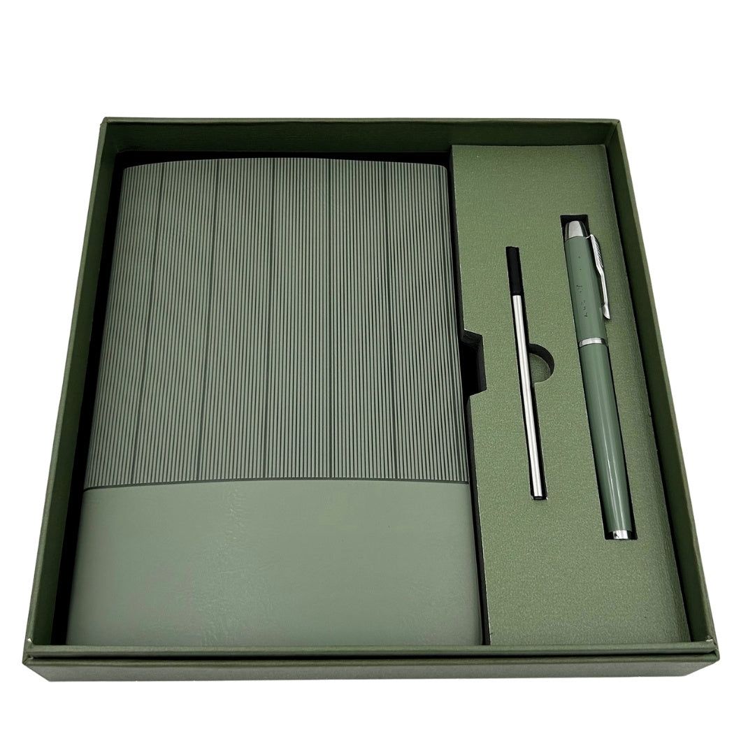 Elegant Gift Set - Leather A5 Notebook with Pen in a Gift Box - Olive Green - EE14