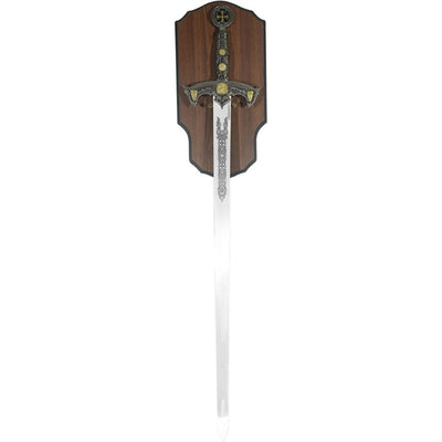 Templar Sword Replica with Engraving on a Wooden Hanger