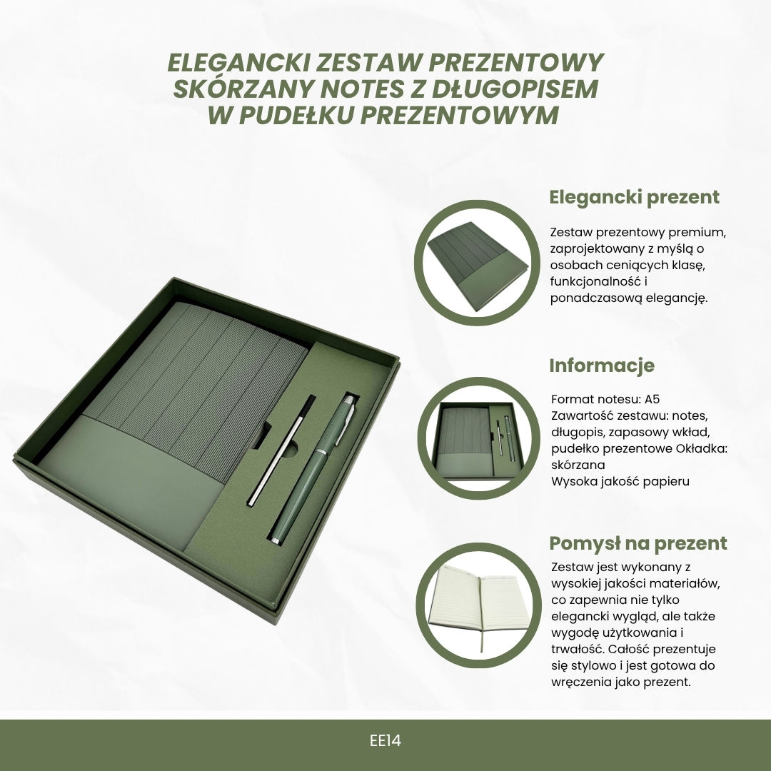 Elegant Gift Set - Leather A5 Notebook with Pen in a Gift Box - Olive Green - EE14
