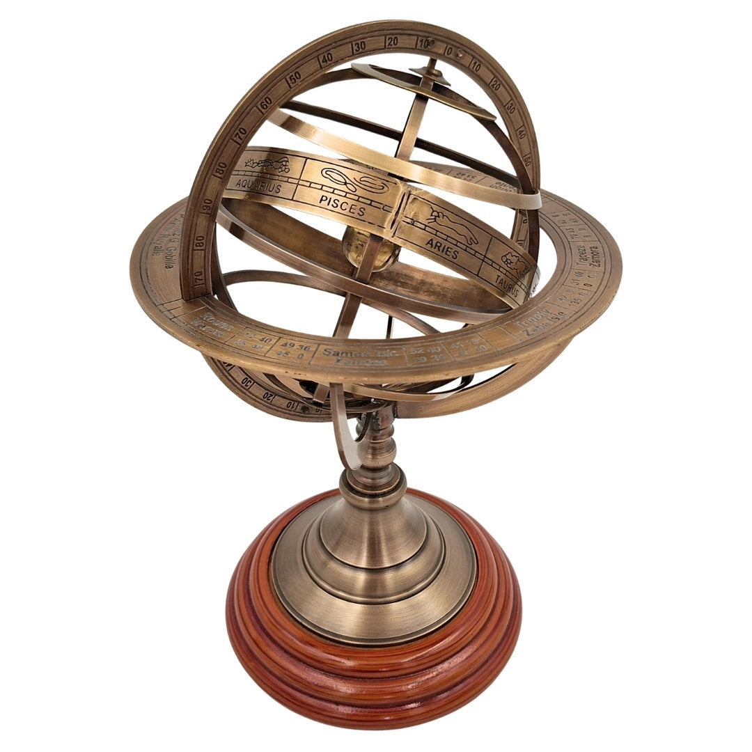 Spherical Brass Astrolabe on a 28 cm Wooden Base with Personalization and Engraving Option