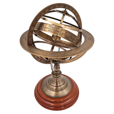 Spherical Brass Astrolabe on a 28 cm Wooden Base with Personalization and Engraving Option
