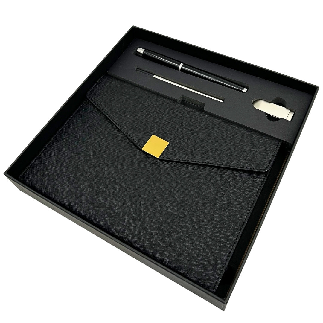 Elegant Premium Gift Set – A5 Notebook with Pen and 16GB Flash Drive in Box – Black and Gold – EE9