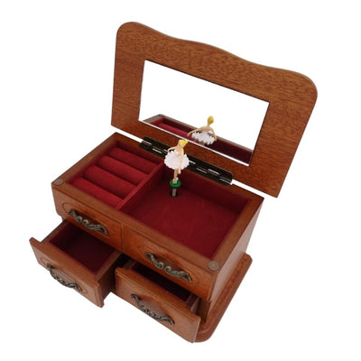 Wooden Music Box with Mirror and Engraving – an Elegant Jewelry Gift with Two Drawers, Height 10 cm, Melody “The Entertainer”